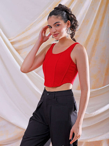 Women's Red Fitted Solid Square Neck Crop Top