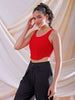 Women's Red Fitted Solid Square Neck Crop Top