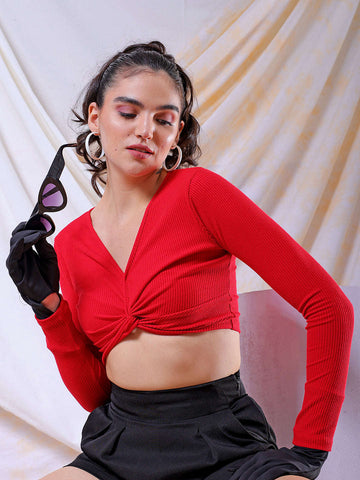 Women's Red Fitted Solid V-Neck Regular