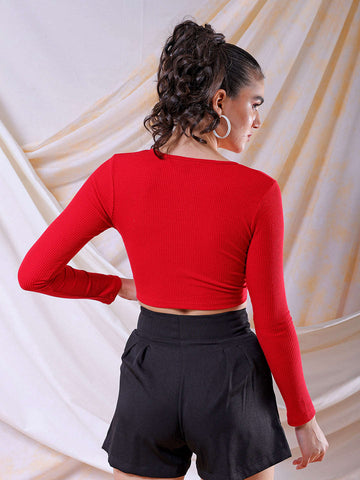 Women's Red Fitted Solid V-Neck Regular