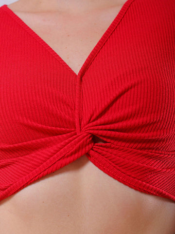 Women's Red Fitted Solid V-Neck Regular