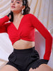 Women's Red Fitted Solid V-Neck Regular