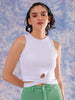 Women's White Fitted Solid Round Neck Crop Top