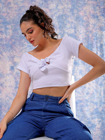 Women's White Fitted Solid Sweetheart Neck Off Shoulder Top