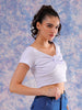 Women's White Fitted Solid Sweetheart Neck Off Shoulder Top