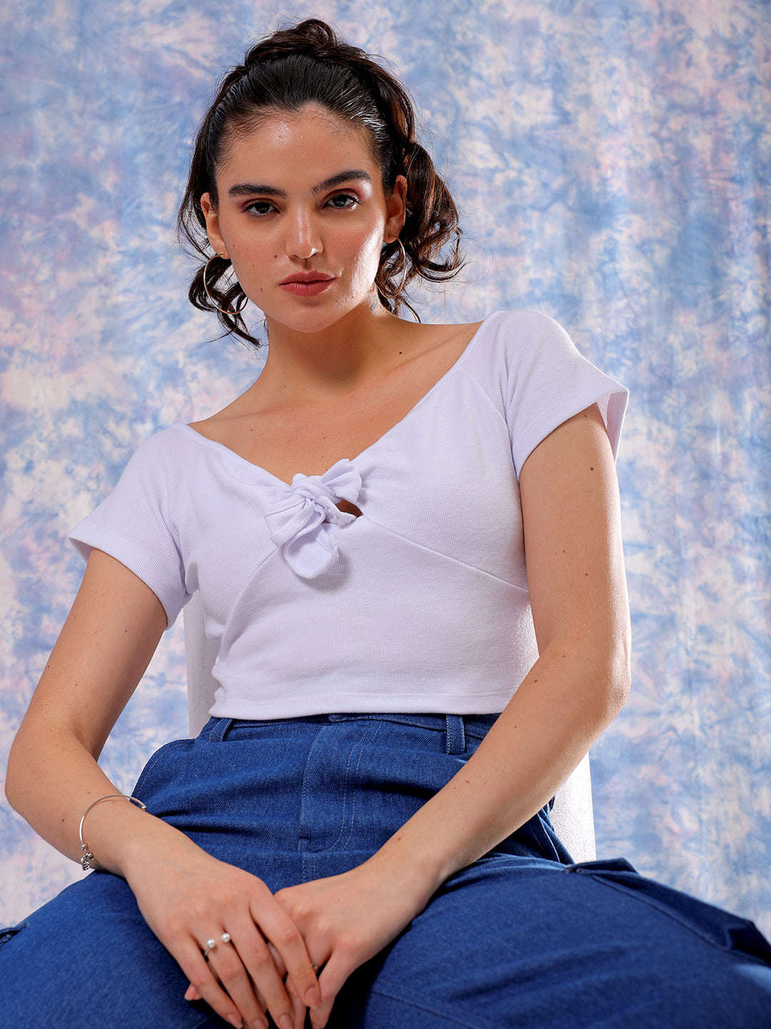 Women's White Fitted Solid Sweetheart Neck Off Shoulder Top