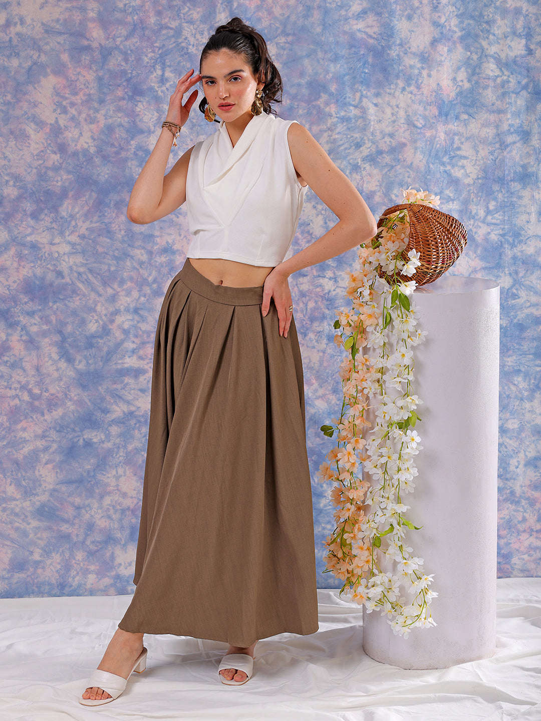 Women's White Fitted Textured Cowl Neck Draped Top