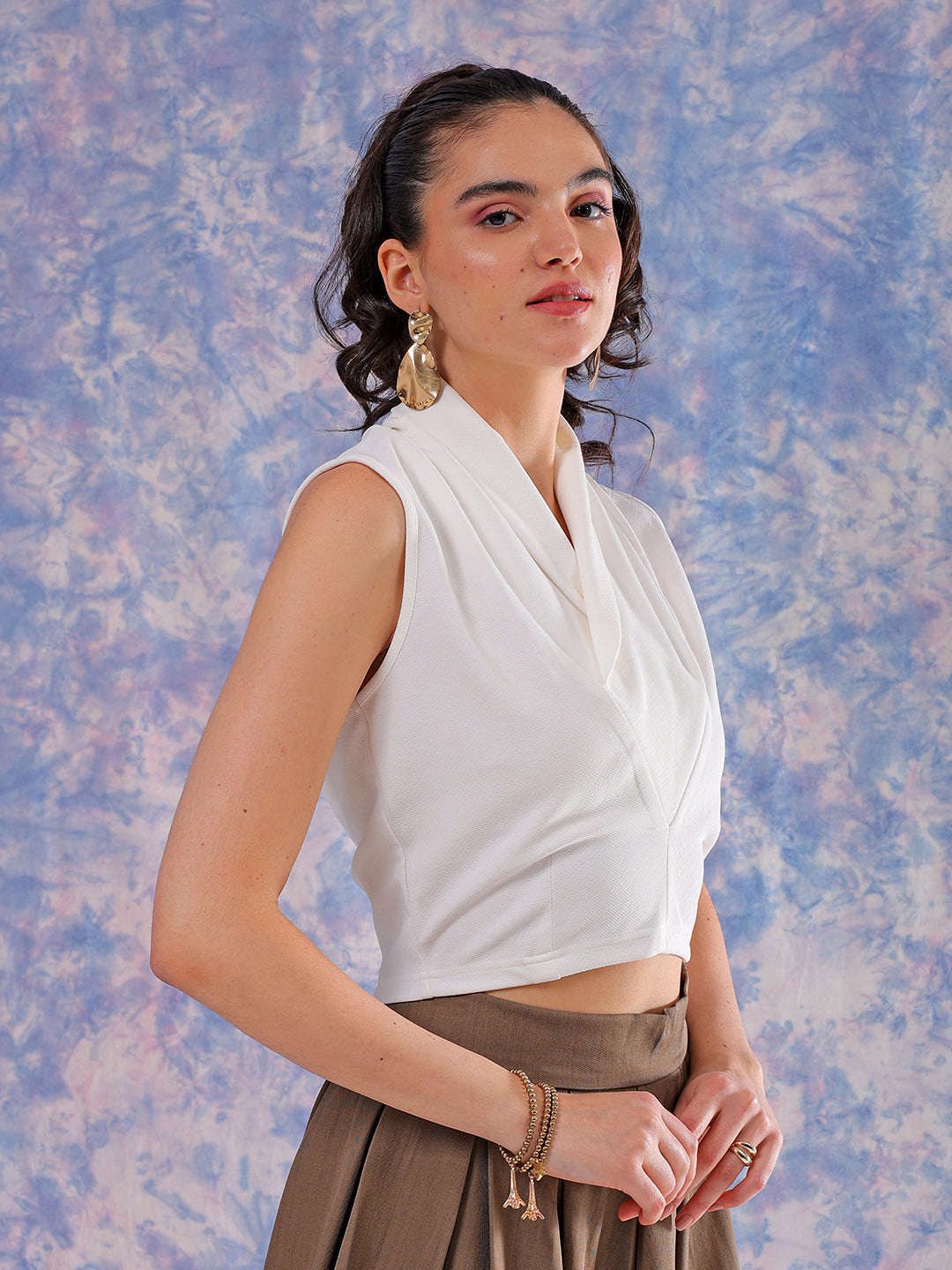 Women's White Fitted Textured Cowl Neck Draped Top