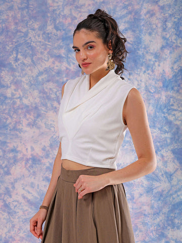 Women's White Fitted Textured Cowl Neck Draped Top