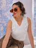Women's White Fitted Textured Scoop Neck Ruffle Top