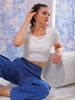 Women's White Fitted Textured Square Neck Crop Top