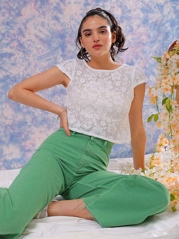 Women's White Regular Lace Round Neck Regular Top