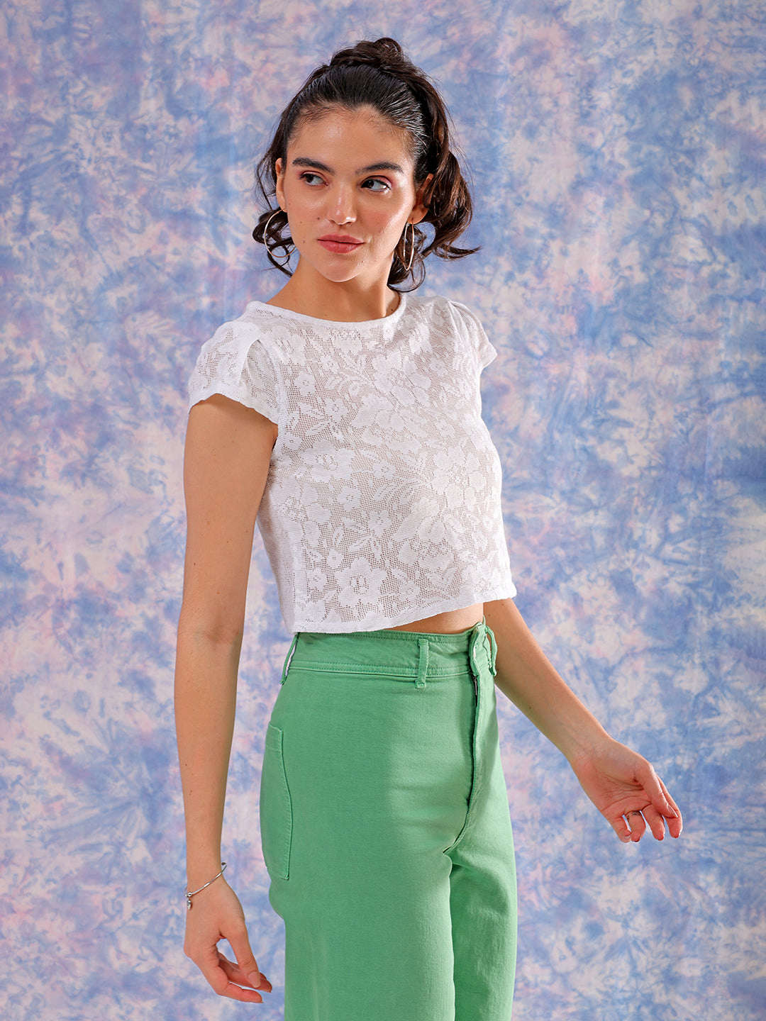 Women's White Regular Lace Round Neck Regular Top