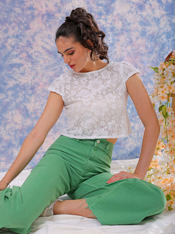 Women's White Regular Lace Round Neck Regular Top