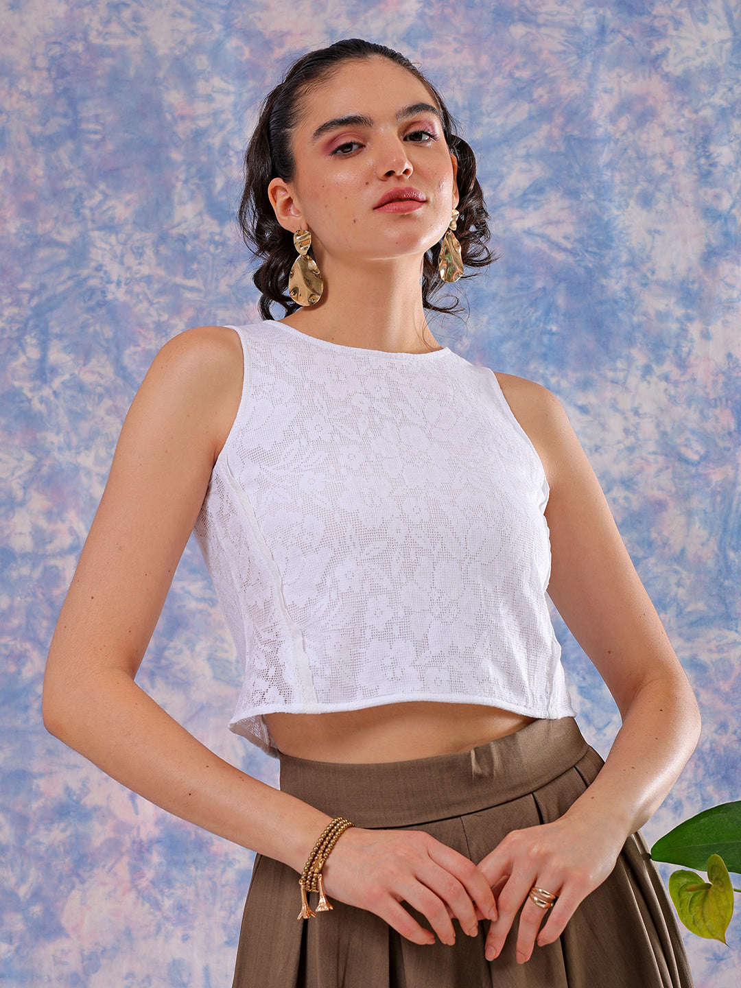 Women's White Regular Lace Round Neck Regular Top
