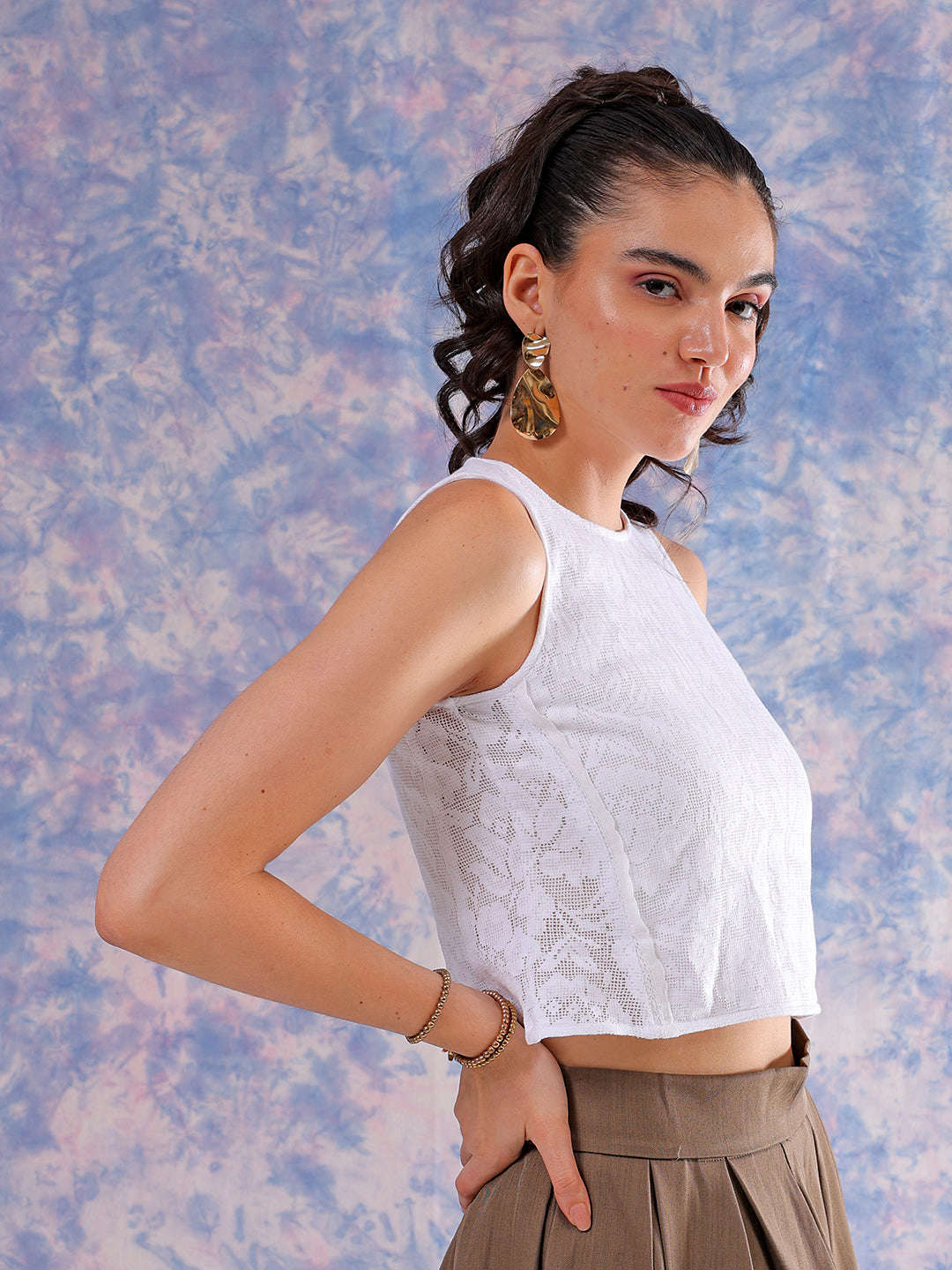 Women's White Regular Lace Round Neck Regular Top