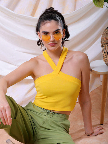 Women's Yellow Fitted Solid V-Neck Crop Top