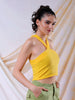 Women's Yellow Fitted Solid V-Neck Crop Top
