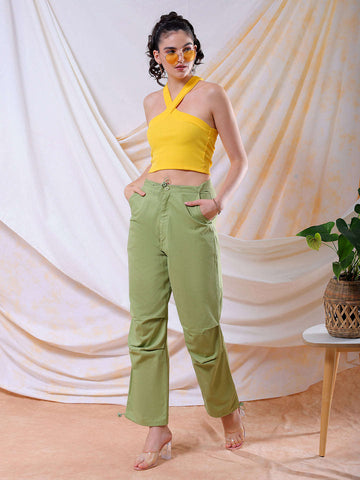 Women's Yellow Fitted Solid V-Neck Crop Top