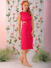 Women's Pink Fitted Textured Round Neck Cut Out Dress