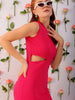 Women's Pink Fitted Textured Round Neck Cut Out Dress