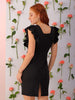 Women's Black Fitted Textured V-Neck Partywear Ruffle Dress