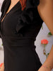 Women's Black Fitted Textured V-Neck Partywear Ruffle Dress