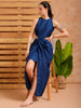 Women's Blue Fit and Flare Solid Partywear Cut Out Dress