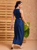 Women's Blue Fit and Flare Solid Partywear Cut Out Dress