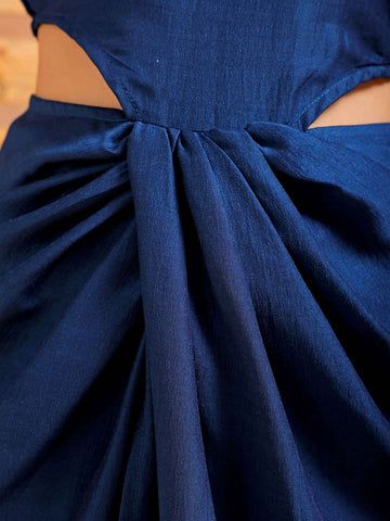 Women's Blue Fit and Flare Solid Partywear Cut Out Dress