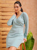 Women's Blue Fitted Textured Casual Wrap Dress