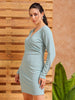 Women's Blue Fitted Textured Casual Wrap Dress