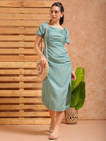 Women's Green A line Solid Casual Pleated Dress