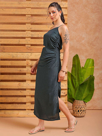 Women's Green Fitted Solid Partywear One Shoulder Dress