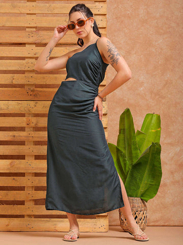 Women's Green Fitted Solid Partywear One Shoulder Dress