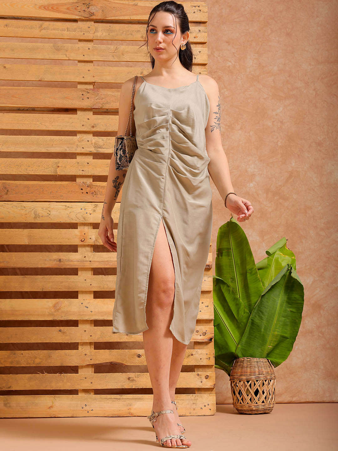 Women's Grey A Line Solid Casual Slip Dress