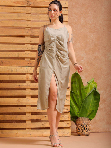 Women's Grey A Line Solid Casual Slip Dress