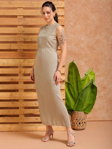 Women's Grey Fit and Flare Solid Partywear Asymmetric Dress