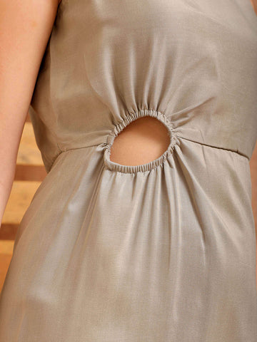 Women's Grey Fit and Flare Solid Partywear Asymmetric Dress