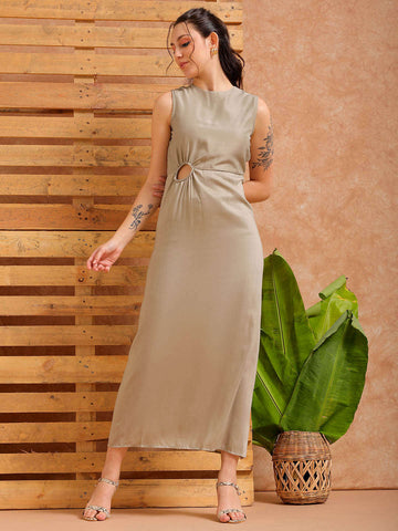 Women's Grey Fit and Flare Solid Partywear Asymmetric Dress