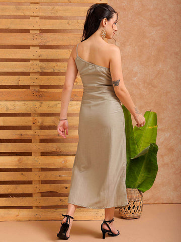 Women's Grey Fitted Solid Partywear One Shoulder Dress