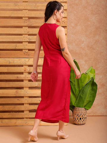 Women's Pink A line Solid Partywear Draped Dress