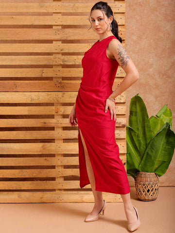 Women's Pink A line Solid Partywear Draped Dress