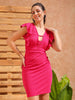 Women's Pink Fitted Textured V-Neck Partywear Ruffle Dress