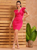 Women's Pink Fitted Textured V-Neck Partywear Ruffle Dress