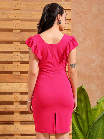 Women's Pink Fitted Textured V-Neck Partywear Ruffle Dress
