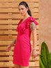 Women's Pink Fitted Textured V-Neck Partywear Ruffle Dress