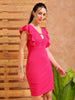 Women's Pink Fitted Textured V-Neck Partywear Ruffle Dress