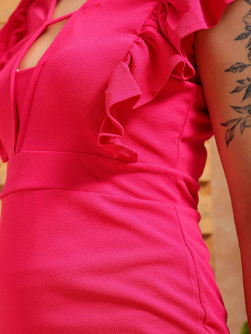 Women's Pink Fitted Textured V-Neck Partywear Ruffle Dress