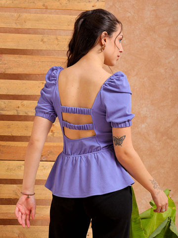 Women's Purple Fit and Flare Textured Peplum Top